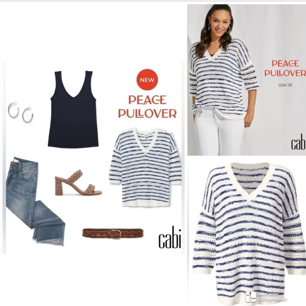 Cabi Peace Pullover Navy And White Striped V-Neck Pullover